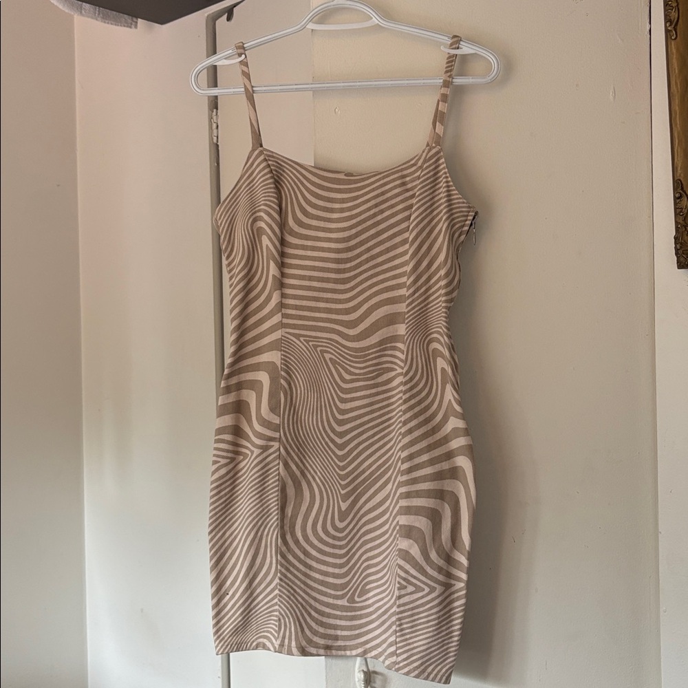 Beige and White Striped Dress with Side Zipper